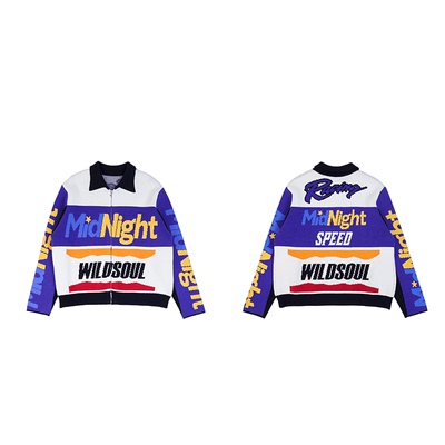 wildsoul-MIDNIGHT湾岸风赛车抗静电拉链翻领宽松毛衣外套