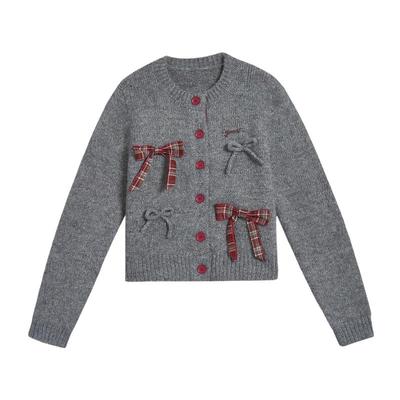 紫涵圆领针织开衫女2025冬季新款甜美撞色立体蝴蝶结宽松毛衣外套