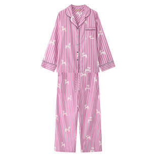 秋鹿luup节假日春秋季衬衫领女士睡衣条纹卡通长袖长裤家居服套装