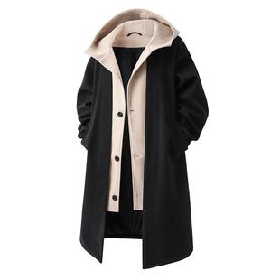 假两件毛呢大衣男中长款连帽风衣秋冬呢料外套长款过膝呢子披风潮