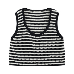 【夏杪】复古粗针100棉纱 镂空挑洞间色条纹无袖毛针织马甲-20071