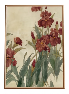 复古水彩红花花卉挂画芯定制