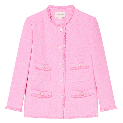 Goodland美地女装春季千金风粉色流苏小香风花纱圆领外套