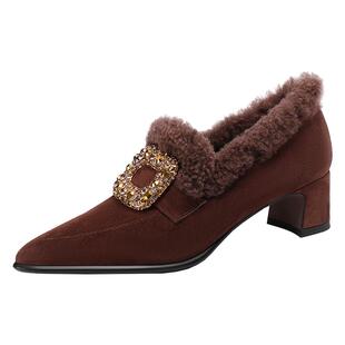 羊羔毛水钻方扣粗跟乐福鞋真皮加绒复古保暖毛毛鞋深口尖头单鞋女