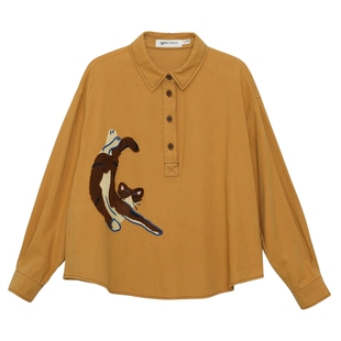 MOVEUP幻走2025秋季新款.FUN系列纯棉猫咪绣花袖扣短款衬衫女