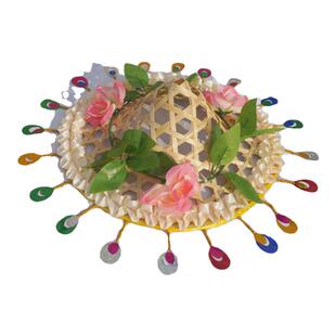 手工竹编儿童舞蹈斗笠帽舞台大檐镂空花朵亮片大人广场舞道具女帽