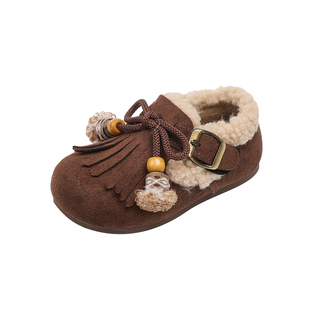 女童磨砂皮流苏加绒保暖豆豆鞋2025秋冬新款韩版低帮时尚百搭棉鞋