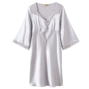 美标真丝八分袖花边睡裙女春夏重磅桑蚕丝丝绸薄款家居服睡衣夏