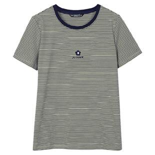 夏季纯棉宽松上衣妈妈体恤衫中年2025圆领细红色条纹短袖T恤女士