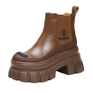 欧洲站真皮松糕厚底短靴女2025秋冬新款英伦风加绒防滑厚底马丁靴