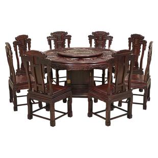 国标红木家具印尼黑酸枝深雕圆桌椅客厅阔叶黄檀古典圆台桌椅组合