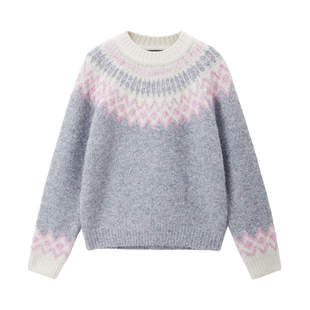 【韩国明星同款】佐丹奴女装复古提花宽松圆领费尔岛毛衣05355721