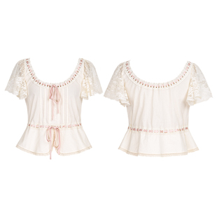 月抚安境丨一城风絮丨米色纯棉爱德华蕾丝上衣抽褶修身短衬衫