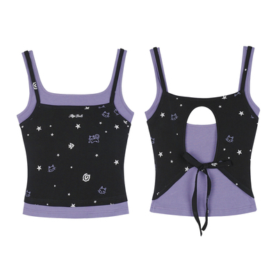 SagiDolls少女斗志 #小猫吃鱼#黑紫印花镂空假两件吊带背心音乐节