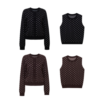 TOP家 时髦复古 法式浪漫优雅波点针织提花羊毛混纺背心/针织开衫