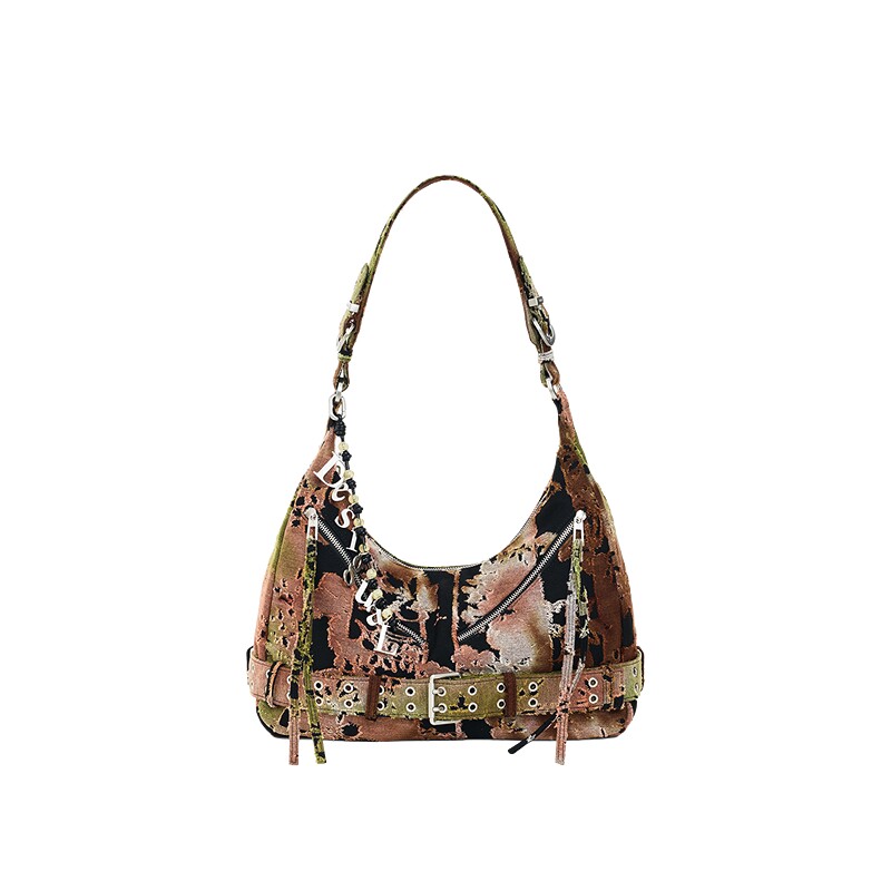 Desigual26秋冬新品撞色花卉提花铆钉皮带装饰调节肩带机车月牙包