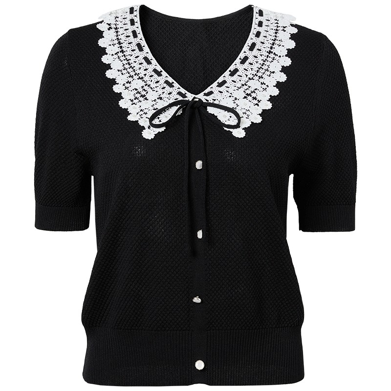 马天奴2025夏季新款黑色蕾丝翻领针织衫拼色短袖毛衫上衣时尚女