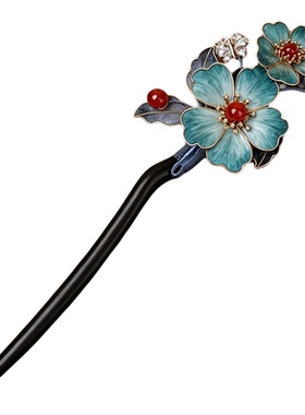 2026夏季新款非遗手工绒花发簪新中式黑檀木U型双钗女旗袍盘发簪