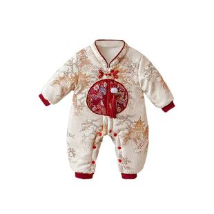 新款中式风婴儿连体衣冬季长袖男女宝宝满月百天周岁礼服保暖棉服