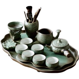 碌心中式复古荷韵粗陶茶具家用功夫茶具泡茶盖碗茶具马年送礼套装