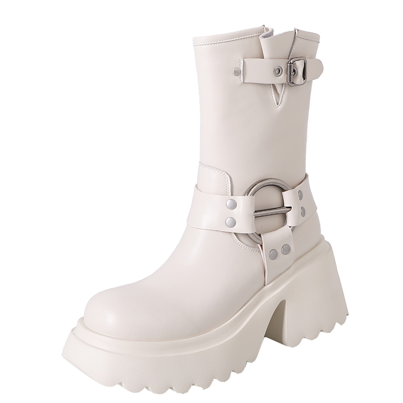 靴子女2025新款秋冬皮带扣西部靴厚底增高马丁靴侧拉链短筒烟筒靴