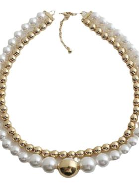 金色珍珠圆球球项链锁骨链耳环女