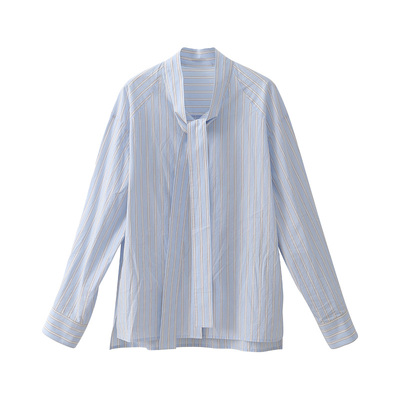 popchrio纯棉条纹飘带V领衬衣