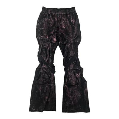 刷蜡漆面做旧褶皱飘带喇叭尼龙裤