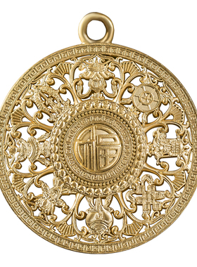 足银999古法錾刻万福吉祥八宝罗盘平安吊坠纯银男女福字转运项链