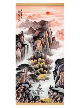 紫气东来玄关挂画旭日东升迎客松
