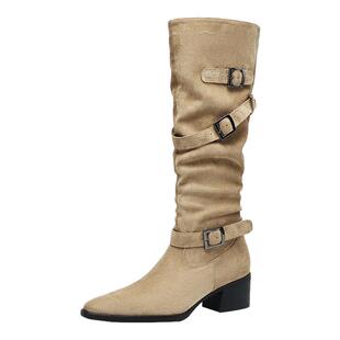 达芙妮靴子女款2026新款秋季美拉德高跟尖头长筒靴高筒骑士堆堆靴