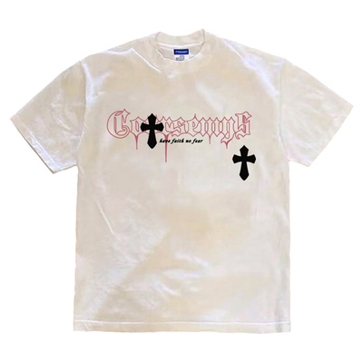 美式潮牌十字架字母印花短袖T恤男女户外重磅纯棉小领口280克半袖