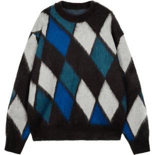 速写男装秋季新款毛衫宽松印花圆领潮流时尚菱形格撞色设计毛衣