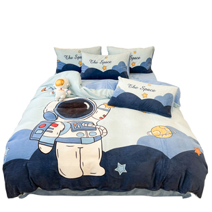 卡通风加厚牛奶绒四件套2024新款宇航员珊瑚绒被套儿童床上三件套