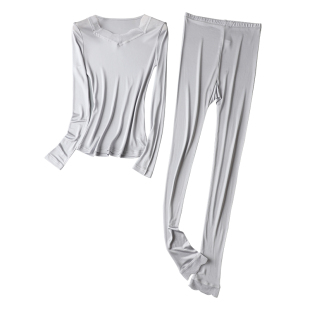 秋冬新款桑蚕丝秋衣秋裤女套装 薄款蕾丝V领打底内衣真丝保暖睡衣