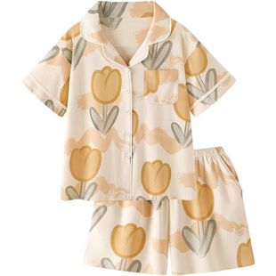 女童度假田园风可外穿印花纯棉短袖短裤睡衣女夏天短袖家居服套装