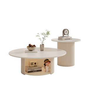 奶油风客厅岩板茶几简约现代小户型网红奶白色圆形小茶几小矮桌
