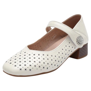 真皮镂空妈妈鞋夏洞洞单鞋不累脚软皮凉鞋中跟软底大码中老年女鞋