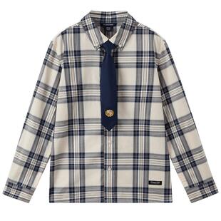 【100%棉】eland kids衣恋童装男童衬衫25年春季领带格纹长袖上衣