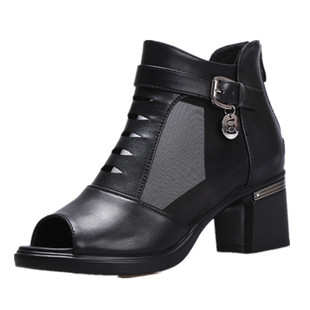 网纱鱼嘴中高跟凉鞋女夏季2026新款粗跟凉靴欧美百搭中跟春秋女鞋