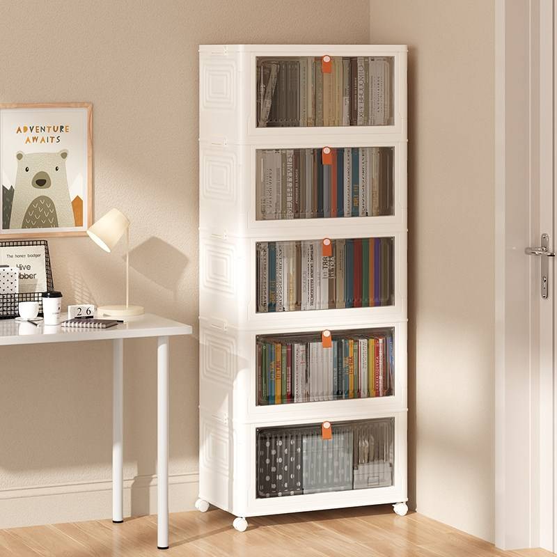 书架置物架落地家用收纳书柜防尘带门展示可移动轮旋转多层储物柜