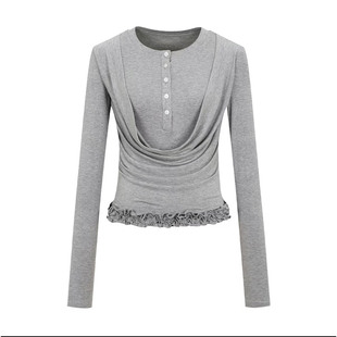 FUNNEL IN莫代尔荡领花边针织长袖打底衫内搭假两件木耳边罩衫