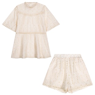 落落狷介 白色两件套时尚套装减龄女夏款套装裤蕾丝上衣+阔腿短裤