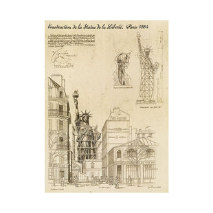 自由女神像埃菲尔铁塔建筑设计图稿4款供选精品布画芯竖款装饰画