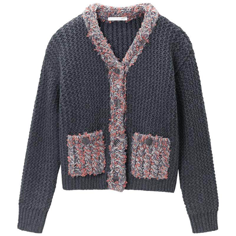 OVV秋冬新款女装撞色羊毛粗棒针手工感针织休闲开衫外套