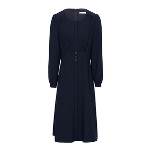 JESSIE优雅气质长袖连衣裙新款女秋季中长款收腰显瘦圆领A字裙子