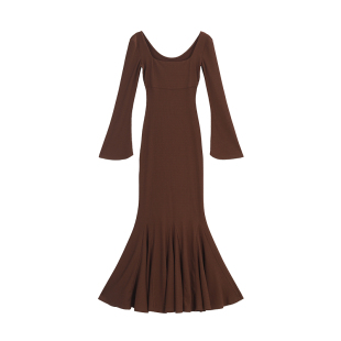 愉悦喻悦 方领长袖鱼尾连衣裙女春季气质高级感修身步步生莲长裙