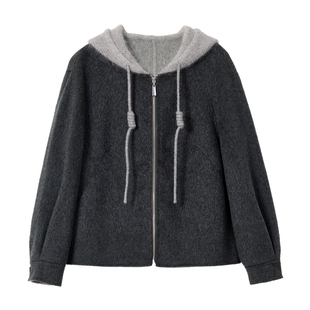 蓝语大码灰色休闲连帽双面呢大衣2025秋冬新款100%绵羊毛开衫外套