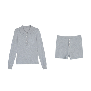 NEVA HU 轻舒时刻 复古POLO领长袖针织衫女气质修身休闲短裤套装