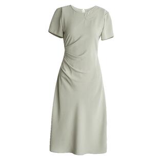 罗衣优雅镂空褶皱连衣裙女夏季高级感气质豆绿色淑女中长裙06671